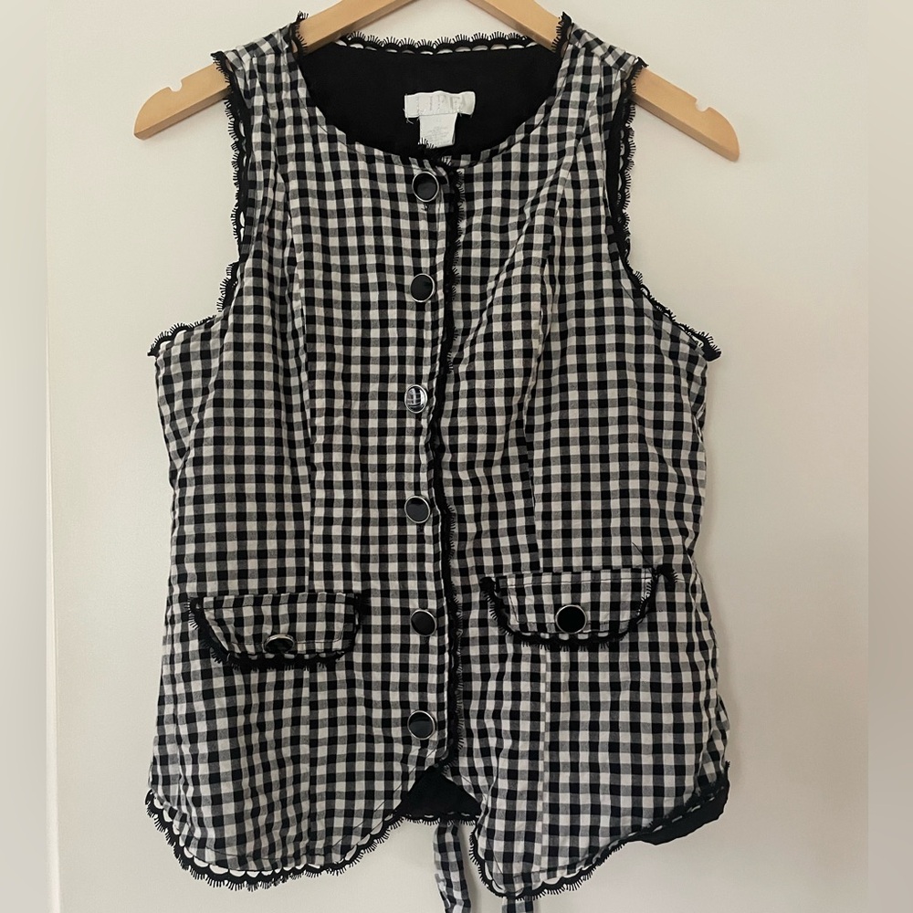 Vintage Black and White Gingham Sleeveless Button Vest